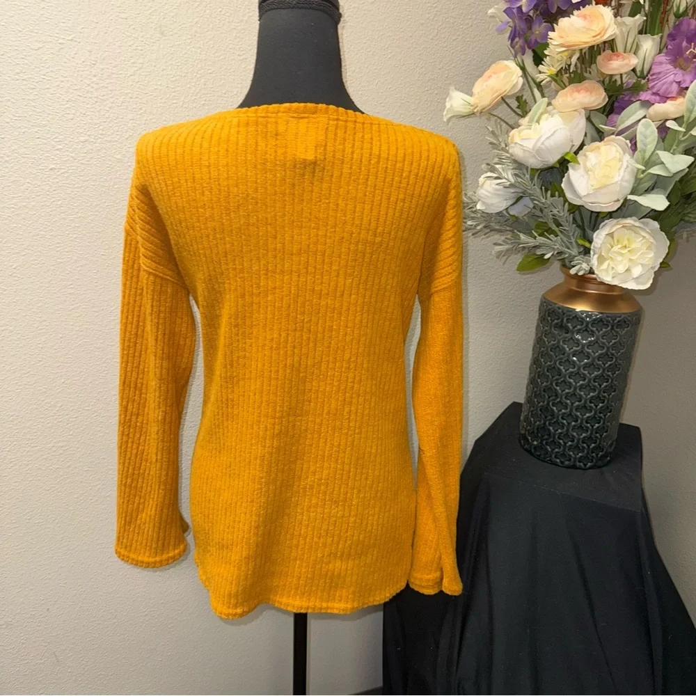 Cotton & Rye Mustard Yellow Ribbed Knit Long Sleeve Cozy Fall Sweater Top L - Picture 3 of 6